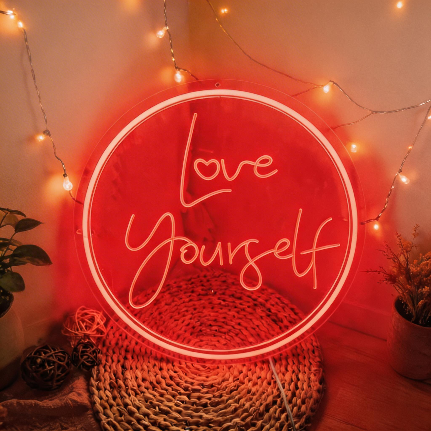 Circular "Love Yourself" Neon Sign - LED Wall Decor for Self-Love & Boho Spaces