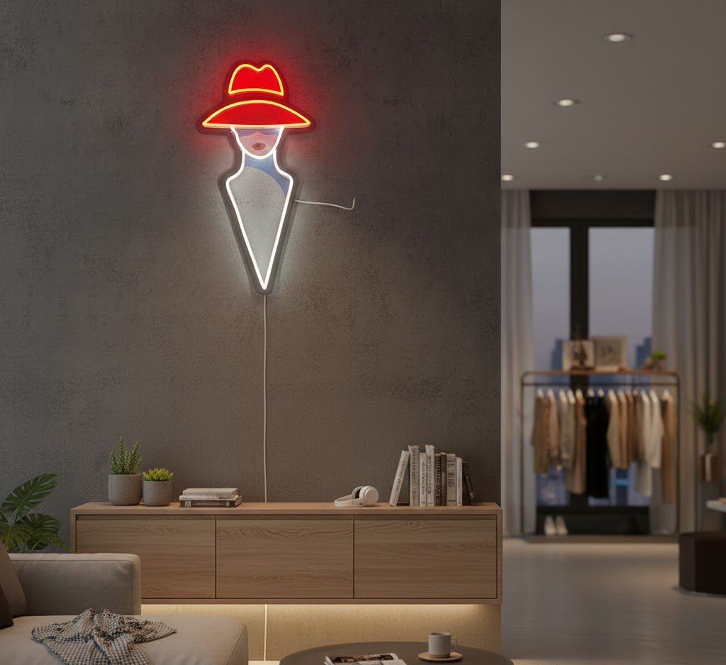 Modern Red Hat Lady LED Neon Sign - Minimalist Wall Art Decor for Boutique & Home - Crossover Lighting Shop
