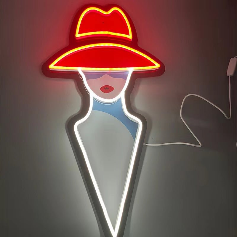 Modern Red Hat Lady LED Neon Sign - Minimalist Wall Art Decor for Boutique & Home - Crossover Lighting Shop