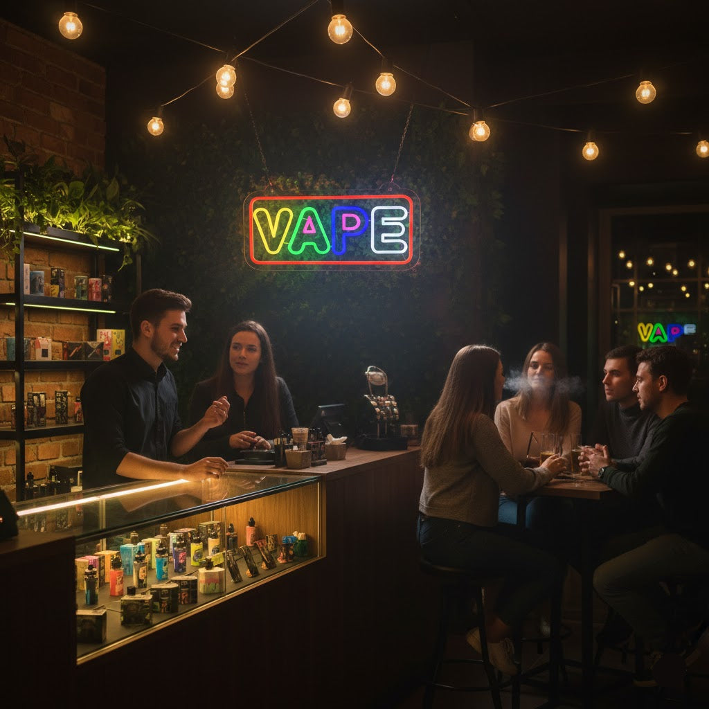 LED VAPE neon sign hanging in a vape shop window with customers in the background.