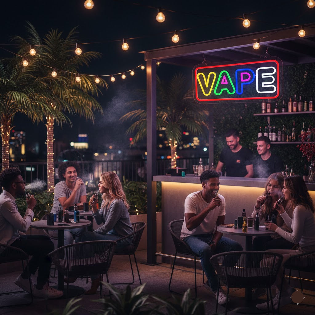 LED VAPE neon sign hanging in a vape shop window with customers in the background.