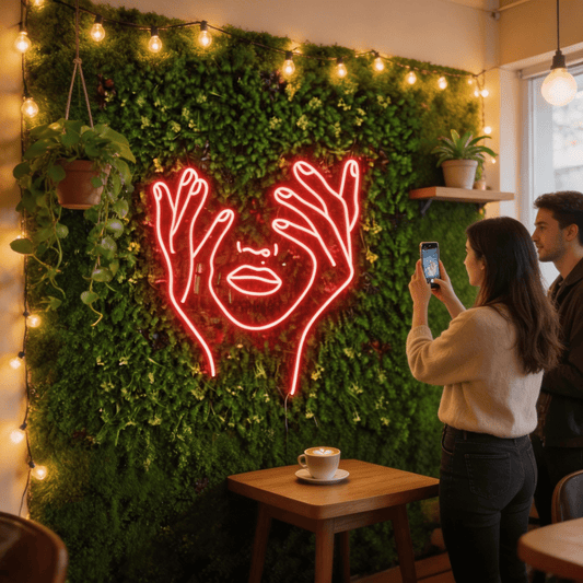 Abstract Face & Hands Neon Sign - LED Wall Art for Boutique, Cafe & Bedroom Decor - Crossover Lighting Shop