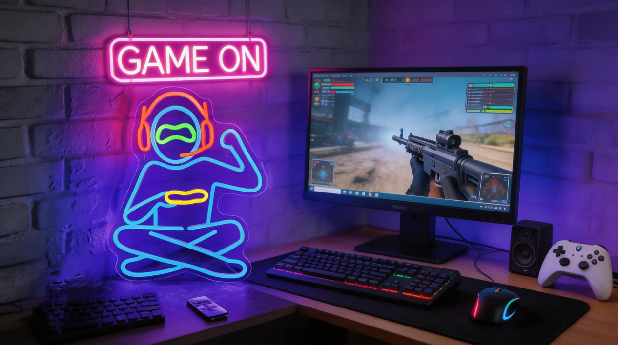 Cyber Gamer Silhouette Neon Sign - "GAME ON" Dynamic LED Wall Art (40*32CM) - Crossover Lighting Shop