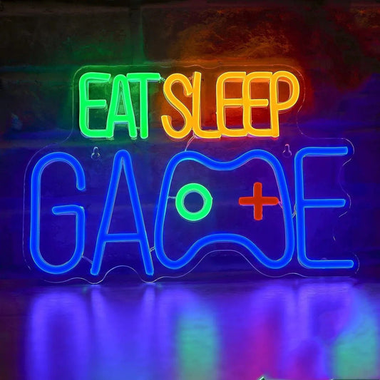 EAT SLEEP GAME Neon Sign - Triple Color LED Wall Decor - Crossover Lighting Shop