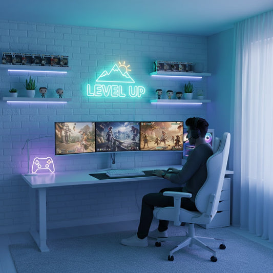 Level Up Your Vibe: Mountain Sunrise LED Neon Sign for Gaming Room