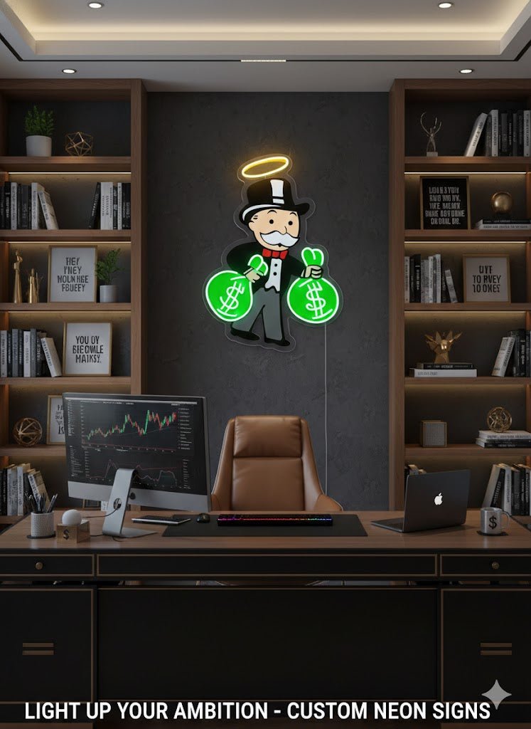 Handmade Monopoly Money Bags Neon Sign - Cool LED Light for Home Bar, Office, and Stock Trader Den - Crossover Lighting Shop
