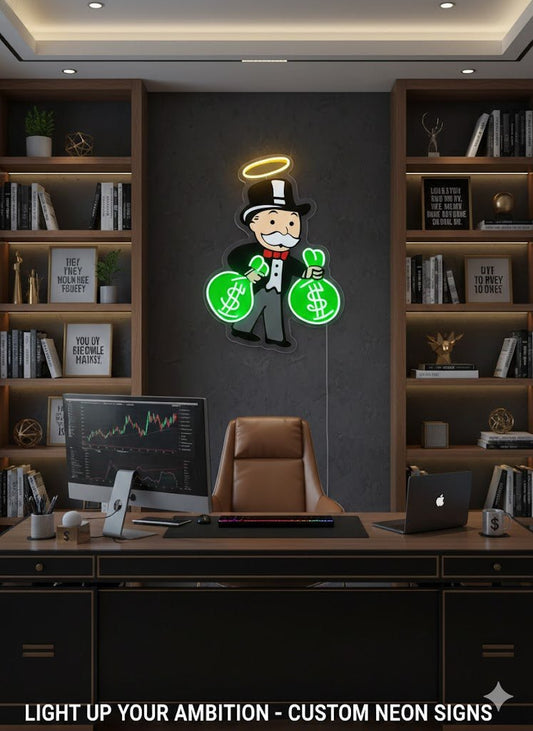 Handmade Monopoly Money Bags Neon Sign - Cool LED Light for Home Bar, Office, and Stock Trader Den - Crossover Lighting Shop