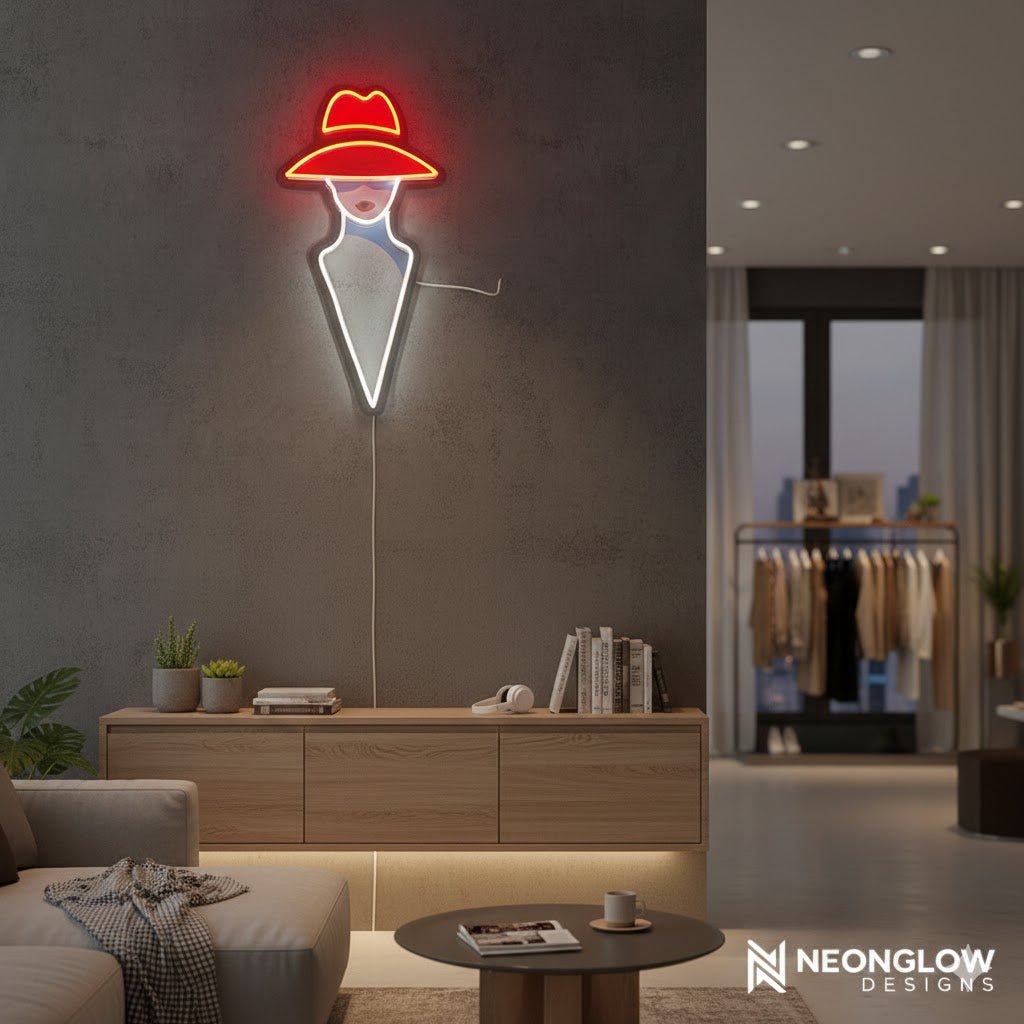 Modern Red Hat Lady LED Neon Sign - Minimalist Wall Art Decor for Boutique & Home - Crossover Lighting Shop