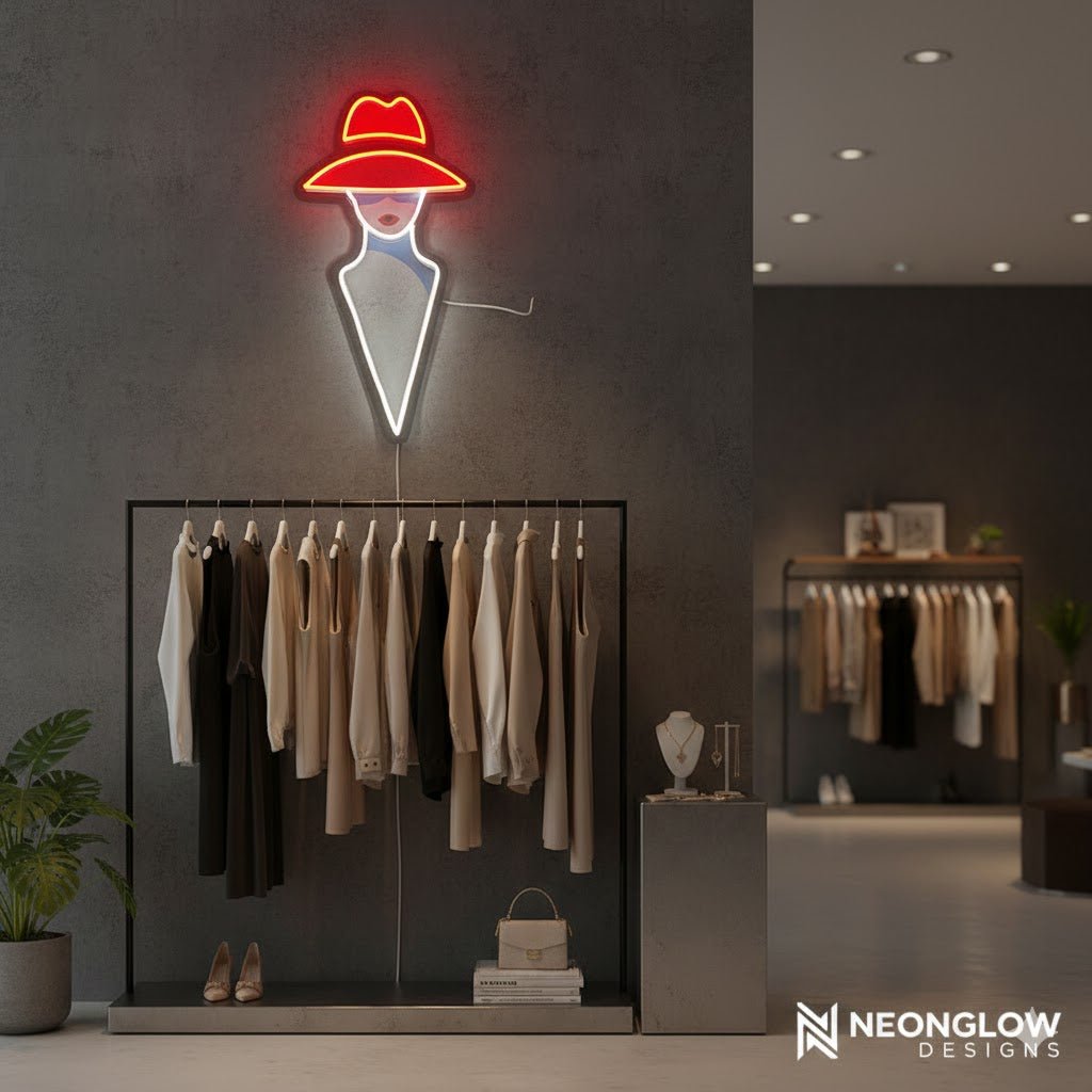 Modern Red Hat Lady LED Neon Sign - Minimalist Wall Art Decor for Boutique & Home - Crossover Lighting Shop