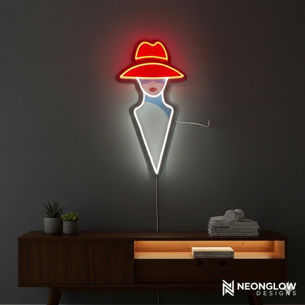 Modern Red Hat Lady LED Neon Sign - Minimalist Wall Art Decor for Boutique & Home - Crossover Lighting Shop