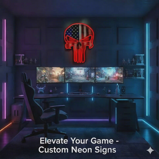 Red white and blue patriotic neon sign for garage setup