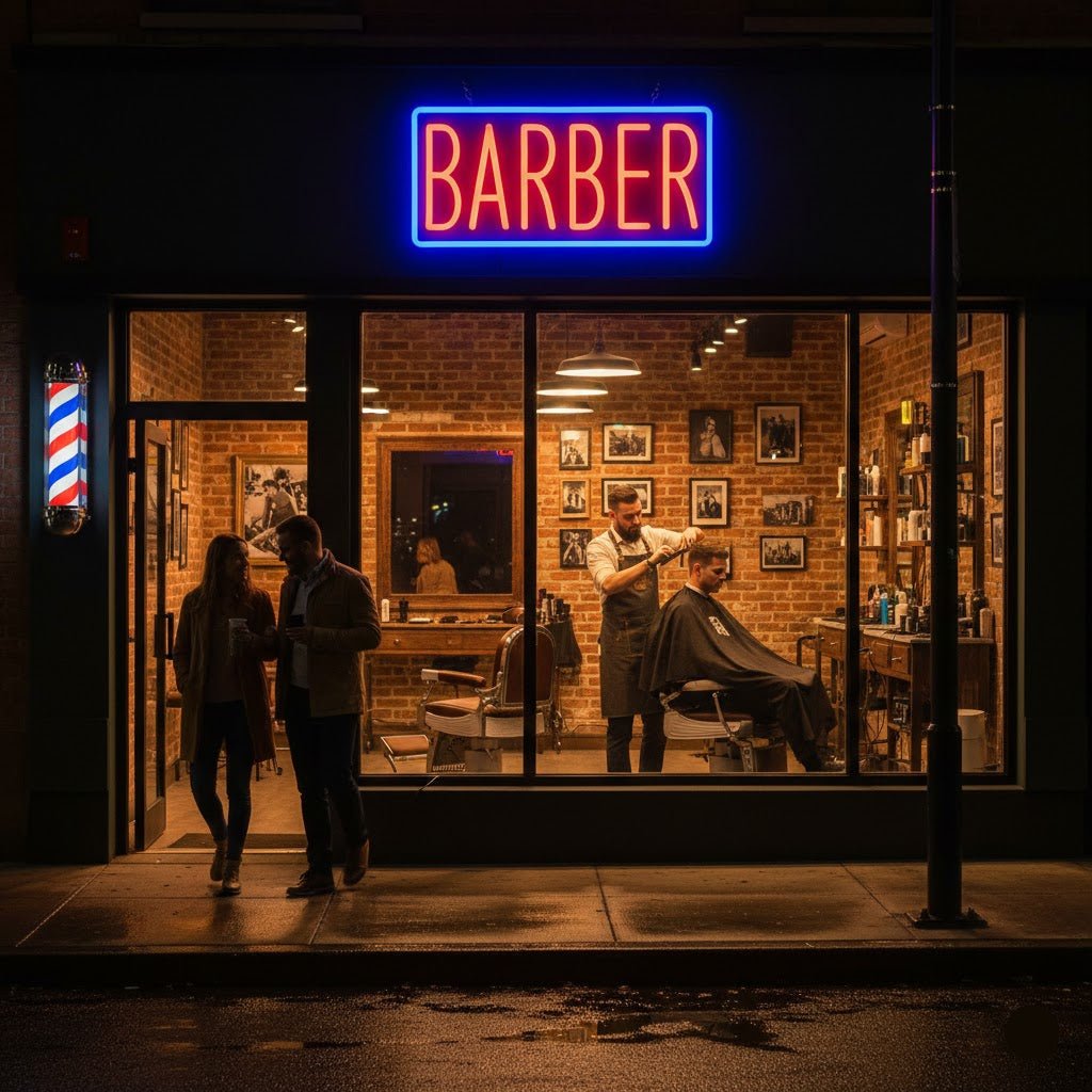Professional BARBER LED Neon Sign - Classic Blue & Red Window Decor for Barbershops - Crossover Lighting Shop