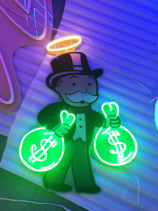 Handmade Monopoly Money Bags Neon Sign - Cool LED Light for Home Bar, Office, and Stock Trader Den - Crossover Lighting Shop